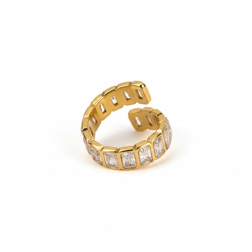 ALIÉA Bella ring i 18K forgyldt stål med rektangulære zirkoner i et åbent, justerbart og elegant design.